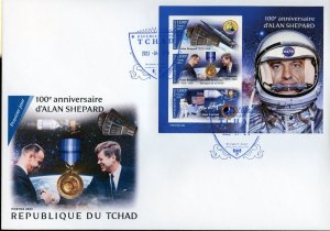 CHAD 2023 100th ANNIVERSARY OF ALAN SHEPARD IMPF SHEET WITH JOHN F KENNEDY  FDC