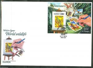 UGANDA 2013 STAMP ON STAMP MOTIF DINOSAURS SOUVENIR SHEET  FIRST DAY COVER