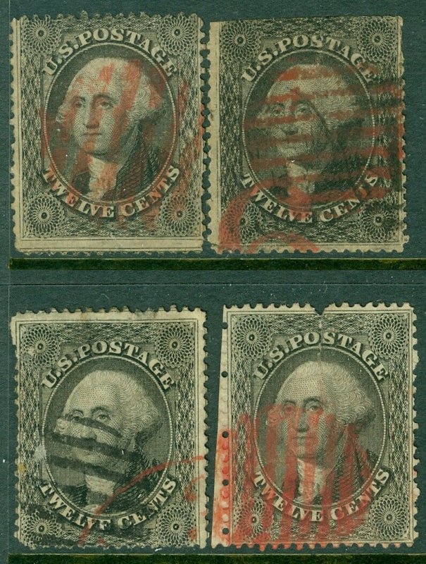 EDW1949SELL : USA 1857 Scott #36. 4 stamps. Used with Red cancels. Cat $1,480.00