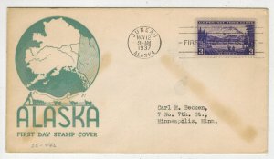 1937 ALASKA US POSSESSION FDC 800-80 UNKNOWN CACHET CV $30 Juneau AK Cancel