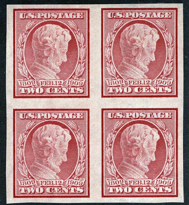 US Sc 368 Carmine 2¢ Imperf Blk of Four Original Gum Hinged/NH VF