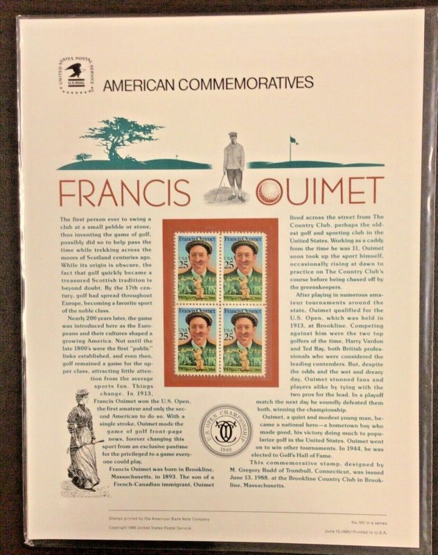 Commemorative Panel #310  Francis Ouimet #2377  25 c   1988