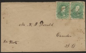 Confederate States Cover Scott #1 x 2  4 Margins XF to W. Gerald in Camden, SC