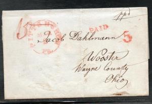 US Stampless Pittsburgh PA to Wooster OH 1849 Paid 5 B920