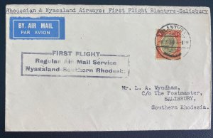 1934 Blantyre Nyasaland First Flight Airmail Cover To Salisbury Southern Rhodesi