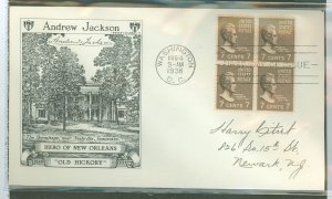 US 812 1938 7c Andrew Jackson (part of the Prexy series) bl of 4 on an addressed FDC with a Historic Arts cachet
