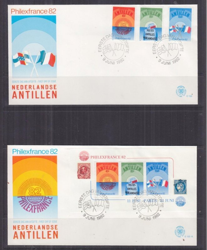 NETHERLANDS ANTILLES, 1982 Philexfrance set of 3 & Souvenir Sheet, fdc's 