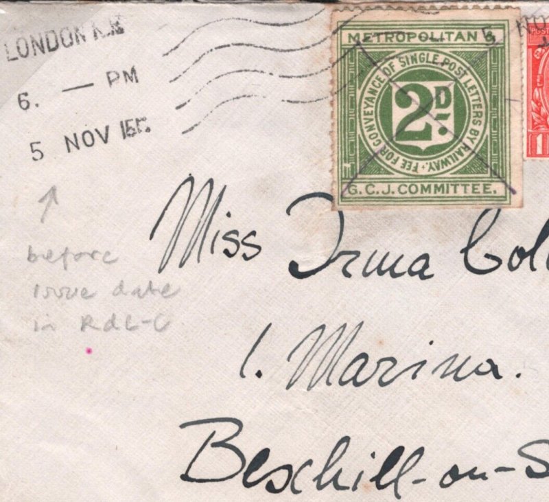 GB 1915 Cover *METROPOLITAN &GCJC RAILWAY* 2d Letter Stamp NEW EARLY DATE R199c 