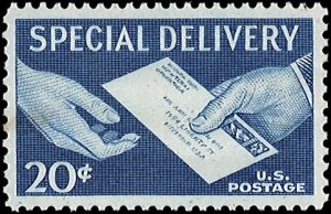 U.S. Scott # E20  1954 20c gray bl  Two Hands & Letter  mint-nh- xf sm spot o...