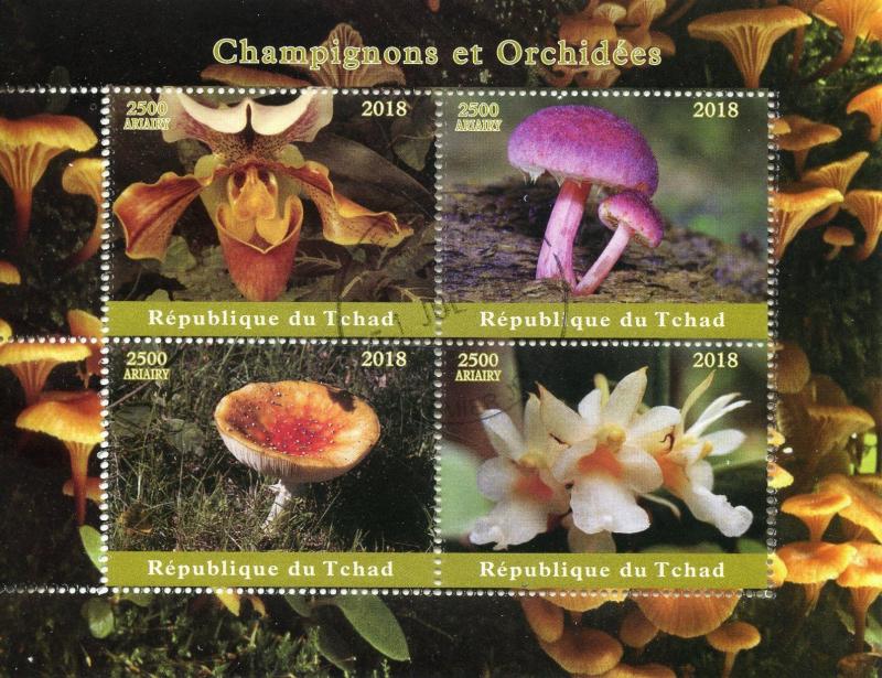 Chad 2018 CTO Mushrooms & Orchids 4v M/S Champignons Flowers Fungi Stamps 