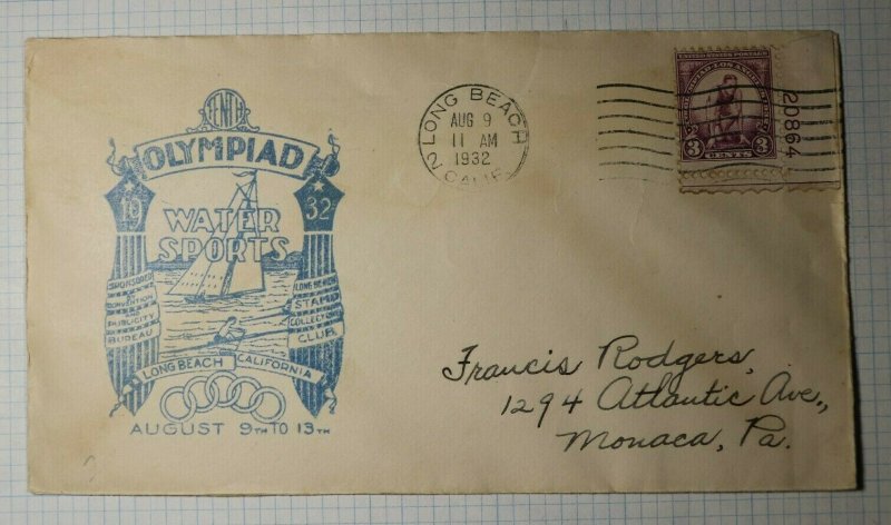 US FDC Sc# 718 LOng Beach CA 1932 Olympiad Water Sports PLATE NUMBER # SINGLE