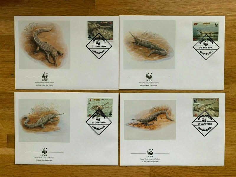 1990   BANGLADESH  -  SG:340/43  -  WORLD WILDLIFE FUND - CROCODILES 4 X FDC