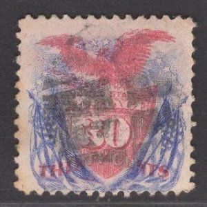 US Stamp #121 30c Ultramarine & Carmine Shield, Eagle and Flags USED SCV $375...