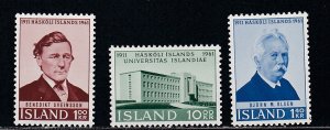 Iceland # 342-344, University of Iceland 50th Anniversary, Mint Hinged