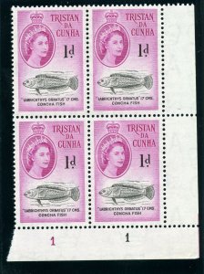 Tristan Da Cunha 1960 QEII 1d black & bright purple plate block MNH. SG 29.