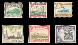 Rhodesia and Nyasaland #150-155 Cat$101, 1954 QEII, 1sh3p-£1, six high value...