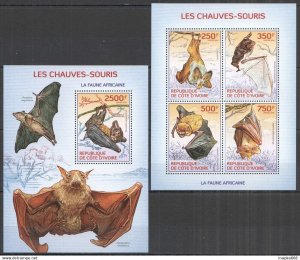 IC02 2014 IVORY COAST AFRICAN FAUNA WILD ANIMALS BATS #1569-2+BL201 MNH