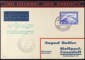 Germany, Zeppelin Flights #Si. 133Ab, 1931 3rd SAF picture post card with pre...