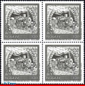 1512 BRAZIL 1977 CENT. SP-RJ RAILROAD, TRAINS, TUNNEL, MI# 1603 C-991, BLOCK MNH