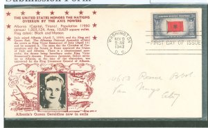 US 918 5c Albania  (single from the overrun nation series) on an addressed First Day Cover with a Crosby cachet.