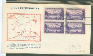 US 800 1937 3c Alaska (part of the US possessions series) bl of 4 on an addressed (pencil) FDC with a Grandy cachet