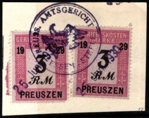 1930 Germany Prussia Revenue 3 Reischmarks x2 Court Fees w/Official Cancel