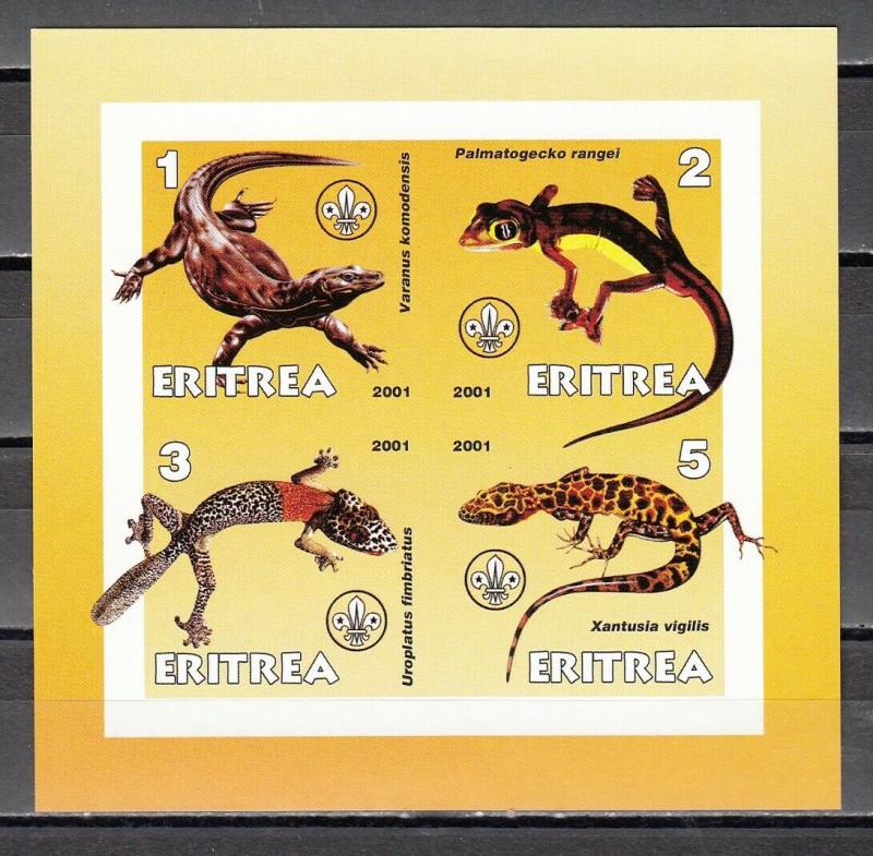 Eritrea, 2001 Cinderella issue. Lizards on an IMPERF sheet of 4. Scout logo.