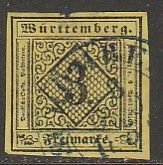 GERMANY-Wurttemberg 2, 3kr SMALL NIBBLE AND THIN IN TOP MGN. USED. XF. (767)