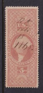 1862 Series Probate of Will revenue Sc R92c $5 red used, fault (YH