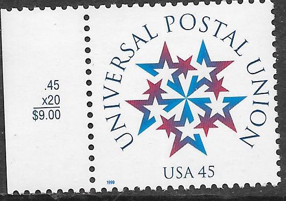 US #3332 45c UPU Sheet price tab single (MNH) CV $1.00