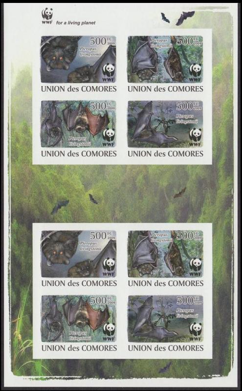 Comoro Is. WWF Livingstone's Fruit Bat Imperforated Sheetlet of 2 sets / 8