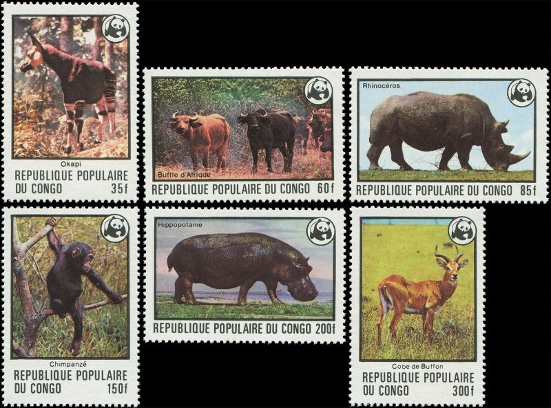 Congo 1978 Sc 453-458 WWF Hippo Rhinoceros Monkey Okapi CV $36.25