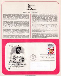 1984 Roberto Clemente, National League Baseball Sc 2097 FDC info page PCS