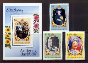 Antigua & Barbuda 1985 Sc#867/870 QUEEN MOTHER 85th.BIRTHDAY Set (3) + S/S MNH