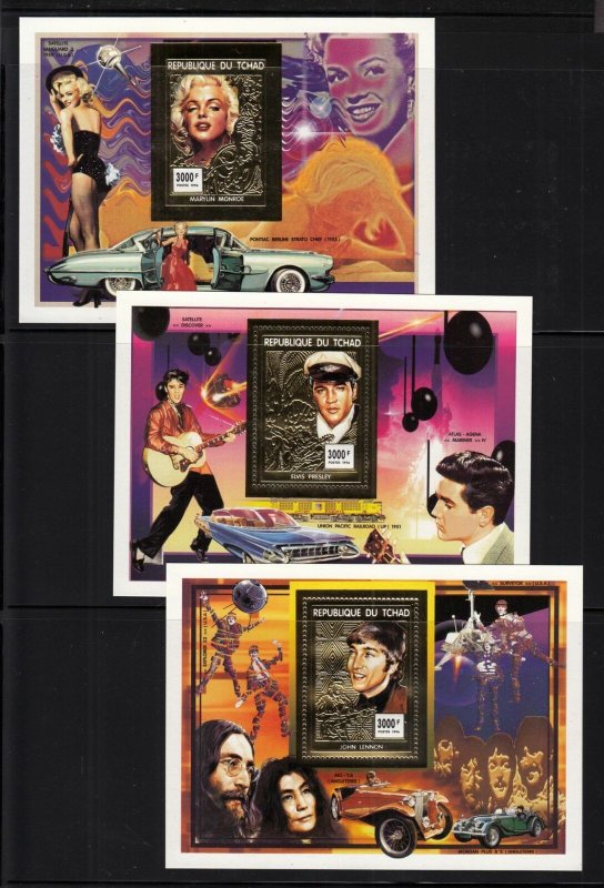 1996 Elvis Presley, Marilyn Monroe, John Lennon gold Chad MNH souvenir sheets