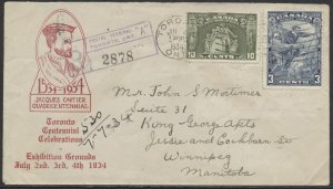 1934 July 4 Toronto Centennial Celebrations Cover Registered to Winnipeg #208-9