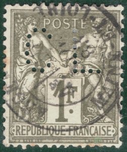 France 1876 1F PEACE & COMMERCE (Type I) fine PERFIN Scott.76 variety ORANGE103