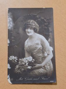 WWI German Soldiers Feldpost Sweethearts Lovers Postcard 1916 Woman w Flowers
