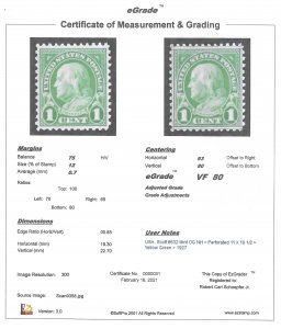 632 1 cent Franklin, Yellow Green Stamp mint OG NH EGRADED VF 80