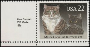 US 2374 American Cats Maine Coon & Burmese 22c zip single LL MNH 1988