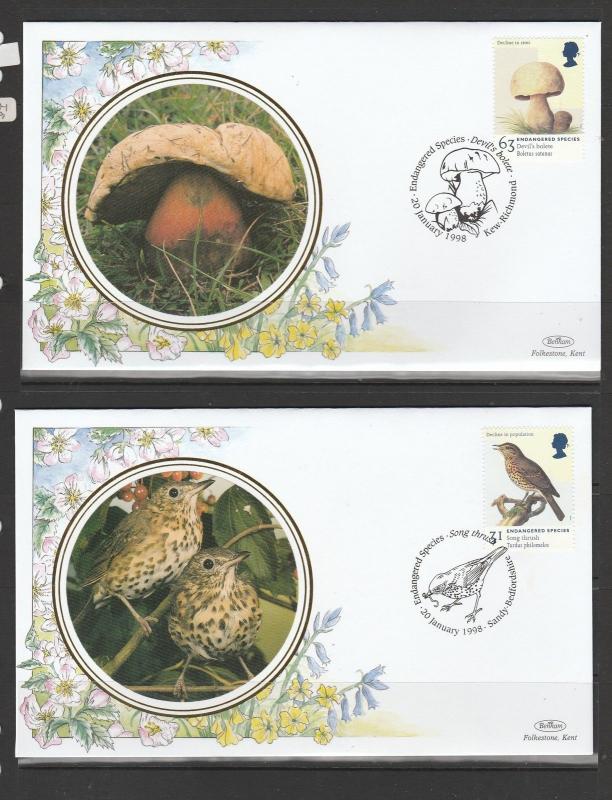 GB FDC 1998 Endangered Species set of 6 small silks by Benham, special cancels