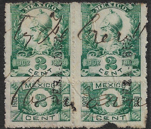 MEXICO 1902-03 2c Helmeted Athena Internal Revenue Pair R214 w Talon VERA CRUZ