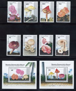 Nevis 692-701 MNH, Mushroom Set with Souvenir Sheets from 1991.