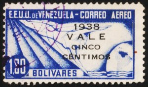 ✔️  VENEZUELA 1937 - ALLEGORY OF FLIGHT  RESELLADO -  SC. C114 (o)