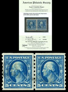 Scott 396 1913 5c Washington Perf 8½ Coil Line Pair Used VF Cat $825 w/ APS CERT