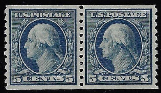 Scott #496 - $70.00 – XF-OG-NH – Handsome coil pair. Very fresh.  Showpiece!