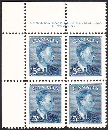 Canada 1950 MNH Sc #293 5c George VI Plate 1 UL