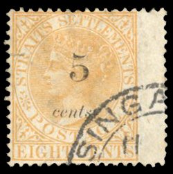 Straits Settlements #29 Cat$225, 1880 5c on 8c yellow, winged margin, used, t...