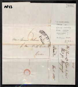AF83 1838 GIBRALTAR Curved PAID Postmark Historic Letter LORD RAGLAN Cadiz WINE