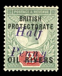 Niger Coast Protectorate #8 Cat$525, 1893 1/2p on 2p green and carmine, hinged